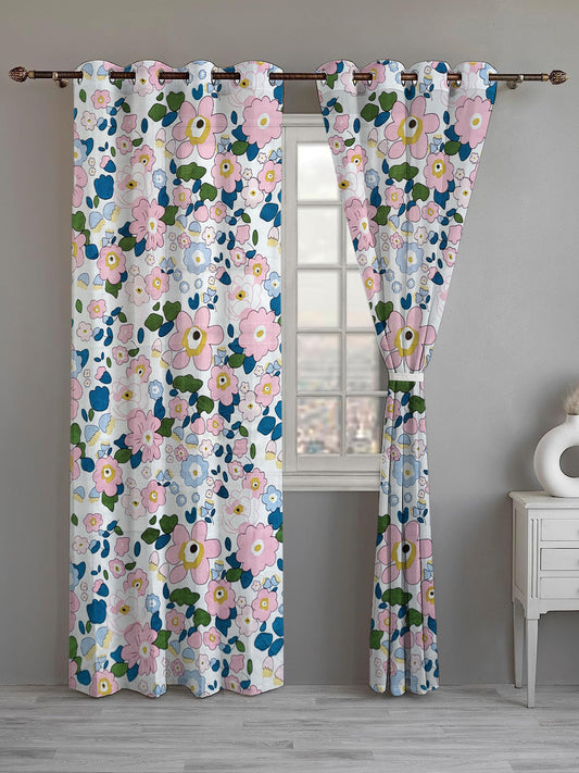 ana Retro Floral Cotton Eyelet Curtains for Window & Door – 5ft, 7ft, 9ft Long Door Curtain for Living Room Bedroom Home Set of 2 Multicolor