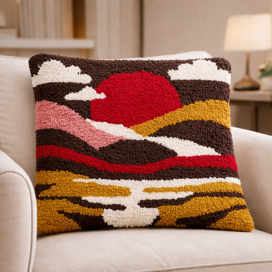 Ana Premium Cotton Sunset Mountain Cushion Covers with Elegant Hand Tuffted for Home DŽcor | 16 x 16 Inch| Brown Cushion Cover