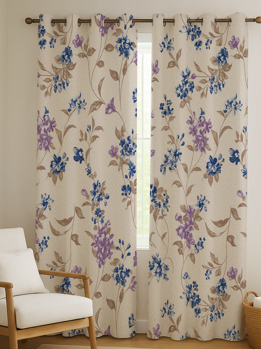 ana Botenical Print Cotton Eyelet Curtains for Window & Door – 5ft, 7ft, 9ft Long Door Curtain for Living Room Bedroom Home Set of 2 Purple