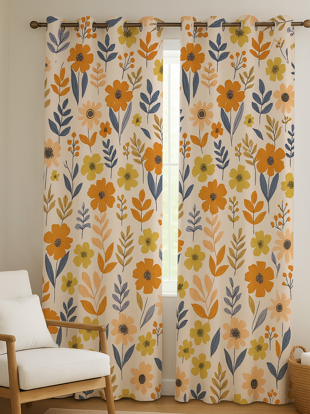 ana Flower Print Cotton Eyelet Curtains for Window & Door – Long Door Curtain for Living Room Bedroom Set of 2
