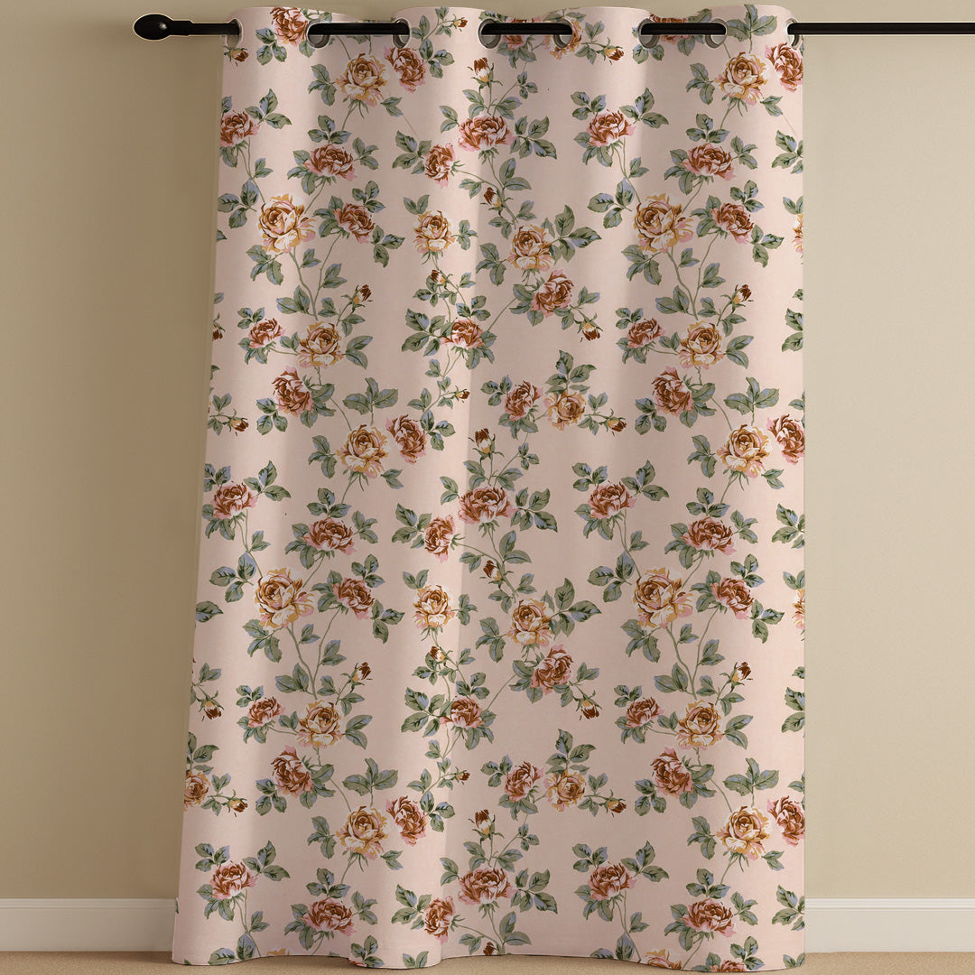 ana Premium Cotton Floral Eyelet Curtain – Window (5 ft) & Door (7 ft, 9 ft) Long Door Curtain for Living Room Rose Floral Beige Set of 1