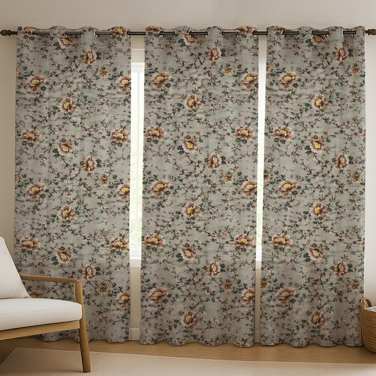 ana Green Floral Cotton Eyelet Curtains for Window & Door – 5ft, 7ft, 9ft Long Door Curtain for Living Room Bedroom Set of 3