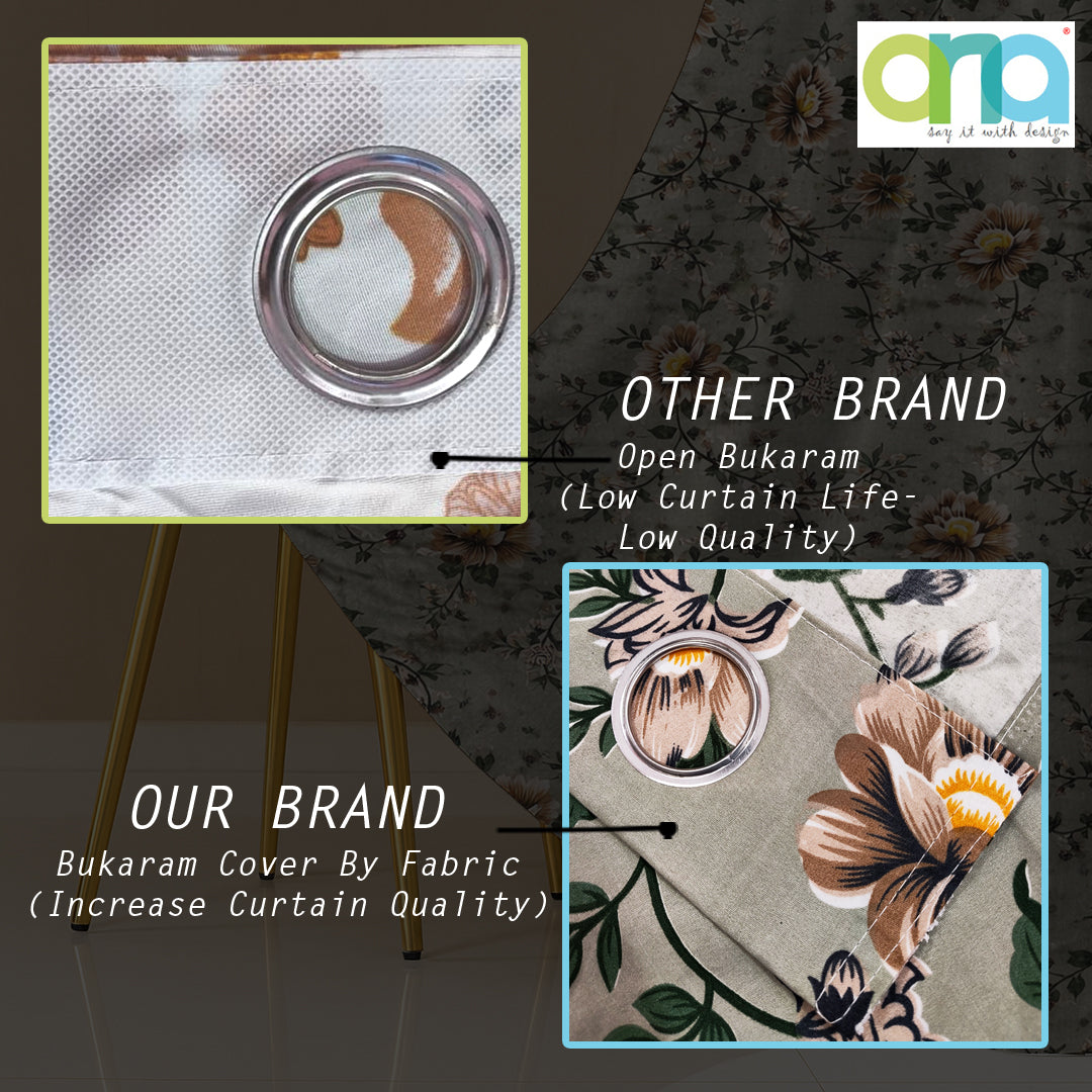 ana Green Floral Cotton Eyelet Curtains for Window & Door – 5ft, 7ft, 9ft Long Door Curtain for Living Room Bedroom Set of 2