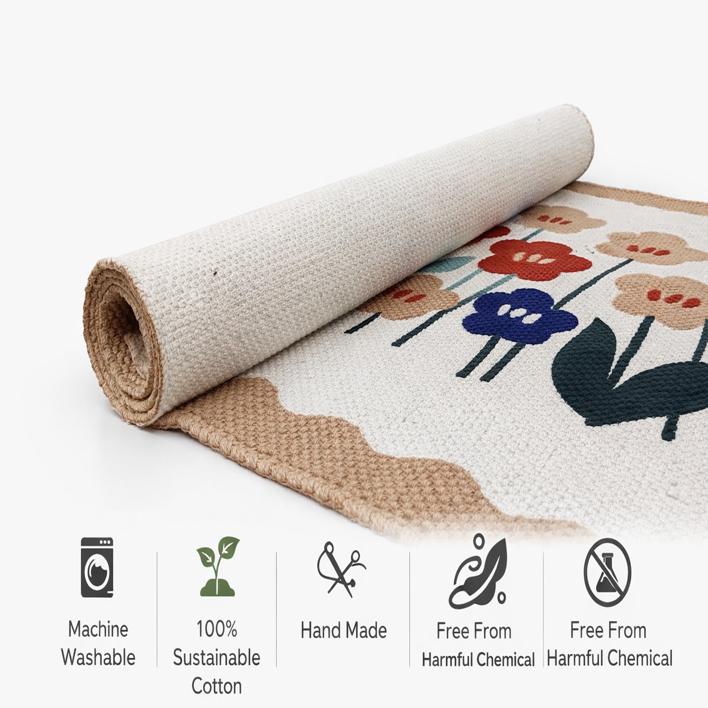 ANA Bedside Floor Runner Woven Carpet Printed for Home/Kitchen/Kitchen/Living Area/Office Entrance. (Cotton, 2 x 5 Feet) Set of 1 pcs Biege Floral Print