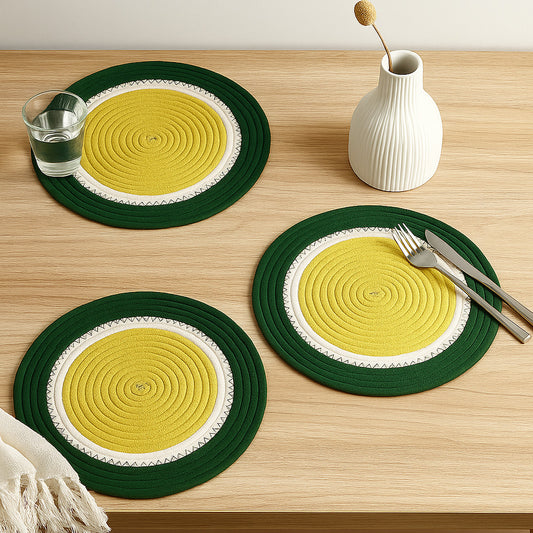 Ana round table mats set of 2 , cotton braided big size round outdoor table mat for dining table, coffee table, desk, office & food use