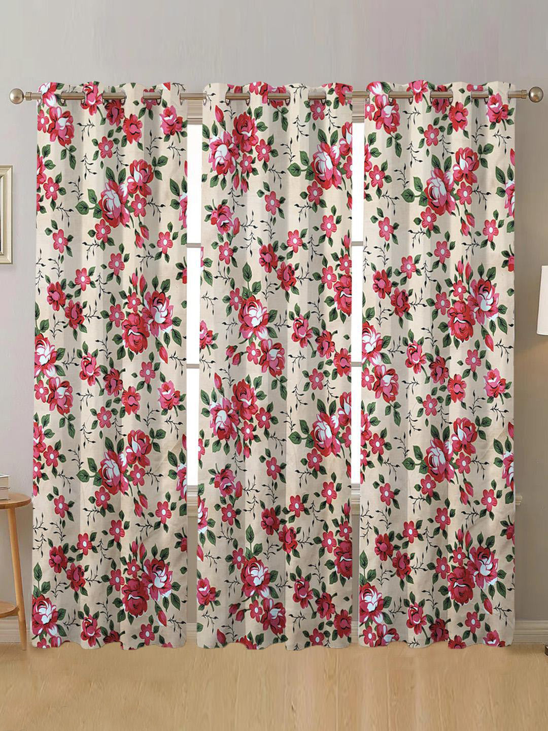 ANA Window Curtain 5 Feet Floral  Set of 1 Cotton Curtain for Windows Red & Beige
