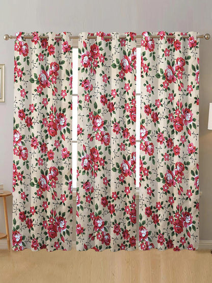 ANA Window Curtain 5 Feet Floral  Set of 1 Cotton Curtain for Windows Red & Beige