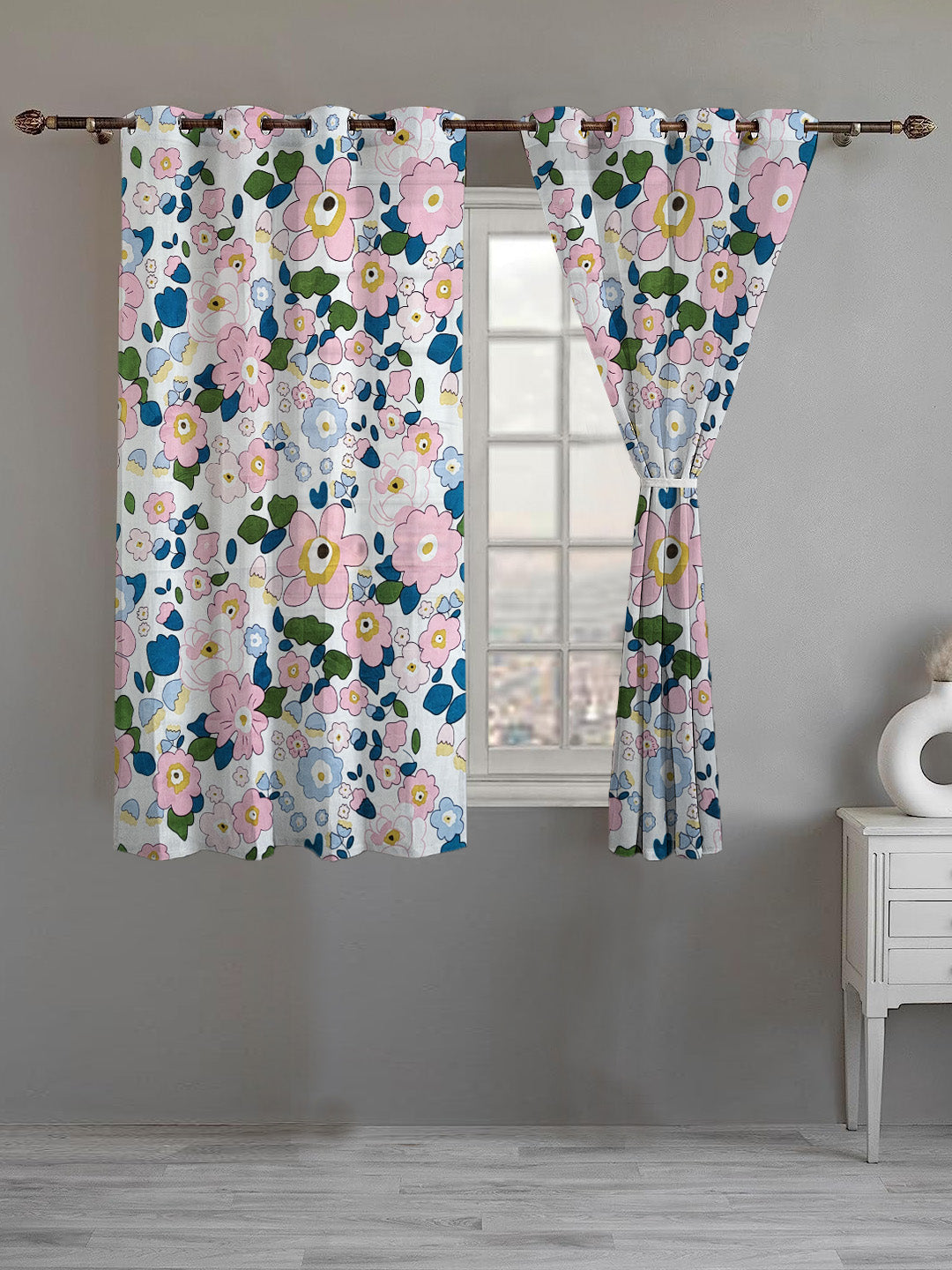 ana Retro Floral Cotton Eyelet Curtains for Window & Door – 5ft, 7ft, 9ft Long Door Curtain for Living Room Bedroom Home Set of 2 Multicolor