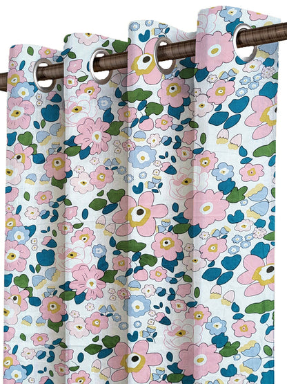 ana Retro Floral Cotton Eyelet Curtains for Window & Door – 5ft, 7ft, 9ft Long Door Curtain for Living Room Bedroom Home Set of 2 Multicolor