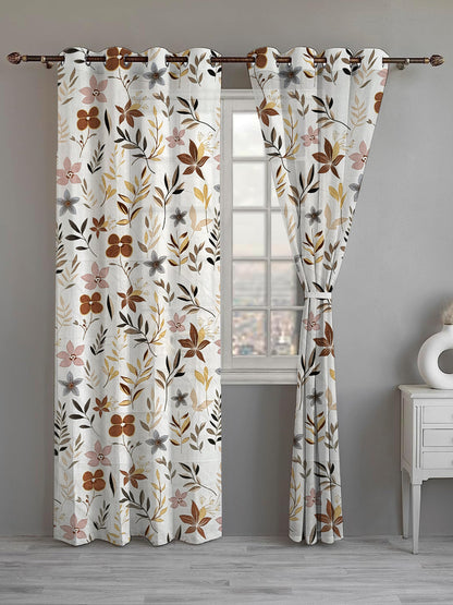 ana Botanical Floral Cotton Eyelet Curtain for Window & Door – 5, 7 & 9 Feet Long Door Curtains for Home Décor Set of 2 Coffee