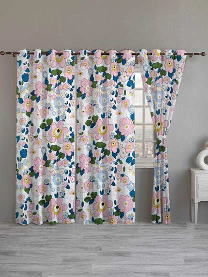 ana Retro Floral Cotton Eyelet Curtains for Window & Door – 5ft, 7ft, 9ft Long Door Curtain for Living Room Bedroom Home Set of 3 Multicolor