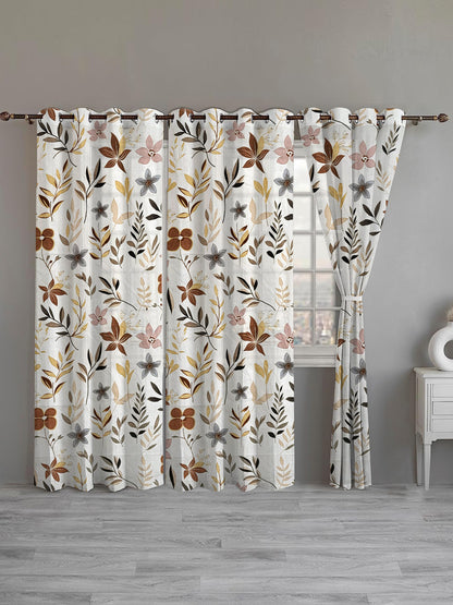 ana Botanical Floral Cotton Eyelet Curtain for Window & Door – 5, 7 & 9 Feet Long Door Curtains for Home Décor Set of 3 Coffee