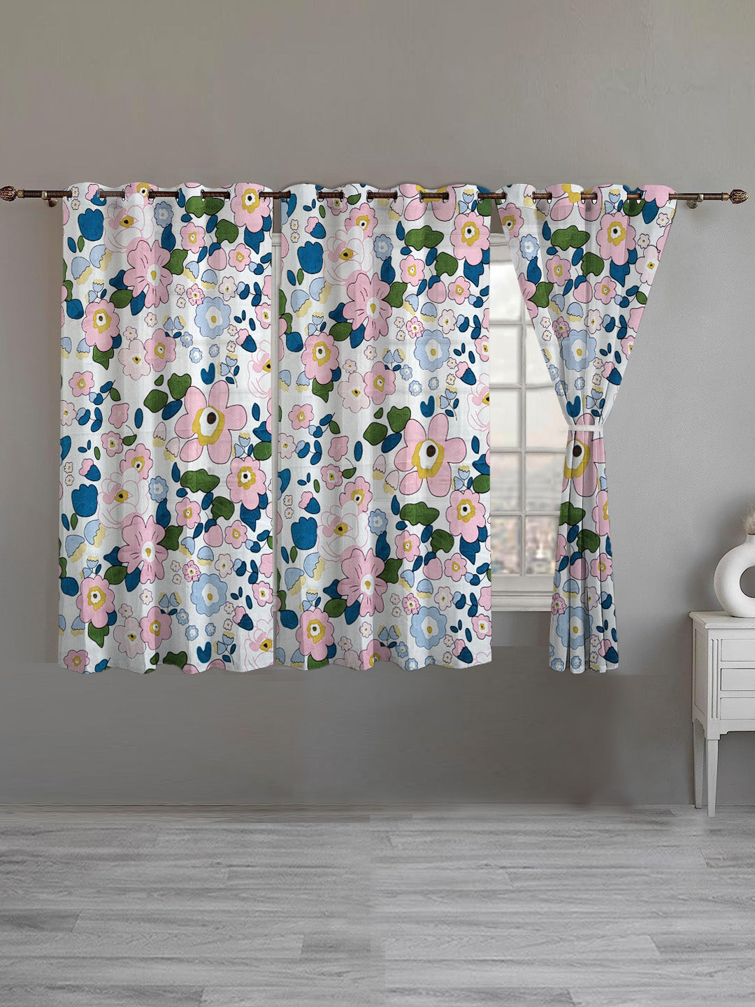 ana Retro Floral Cotton Eyelet Curtains for Window & Door – 5ft, 7ft, 9ft Long Door Curtain for Living Room Bedroom Home Set of 3 Multicolor