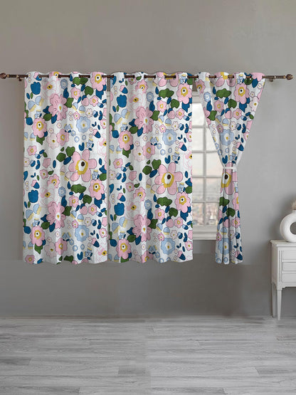 ana Retro Floral Cotton Eyelet Curtains for Window & Door – 5ft, 7ft, 9ft Long Door Curtain for Living Room Bedroom Home Set of 3 Multicolor