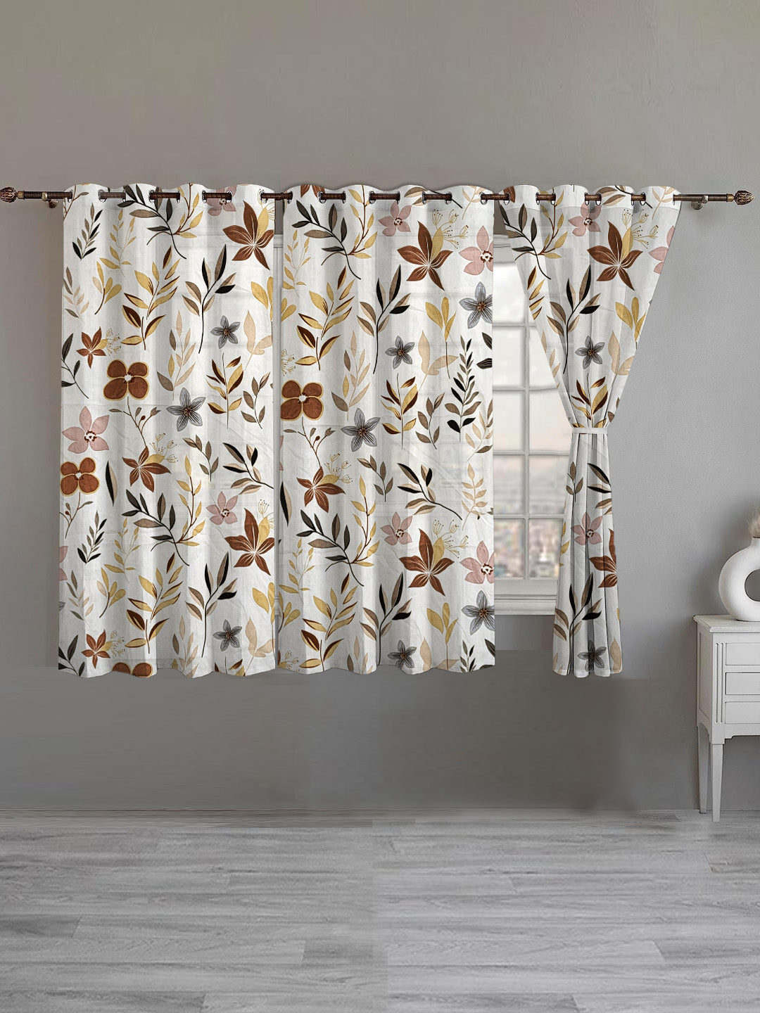 ana Botanical Floral Cotton Eyelet Curtain for Window & Door – 5, 7 & 9 Feet Long Door Curtains for Home Décor Set of 3 Coffee