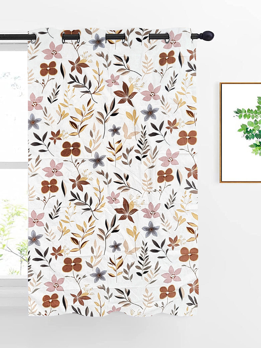 ana Botanical Floral Cotton Eyelet Curtain for Window & Door – 5, 7 & 9 Feet Long Door Curtains for Home Décor Set of 1 Coffee