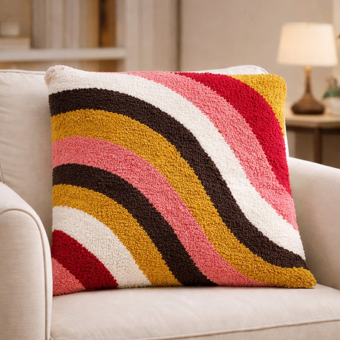 Ana Premium Cotton Multicolor Wave Cushion Covers Hand Tuffted | 16 x 16 Inch | Red | Multicolor Wave Cushion Cover