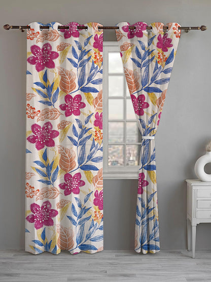 ana Big Flower Cotton Eyelet Curtains for Window & Door – 5ft, 7ft, 9ft Long Door Curtain for Living Room Bedroom Home Set of 2 Multi Purple