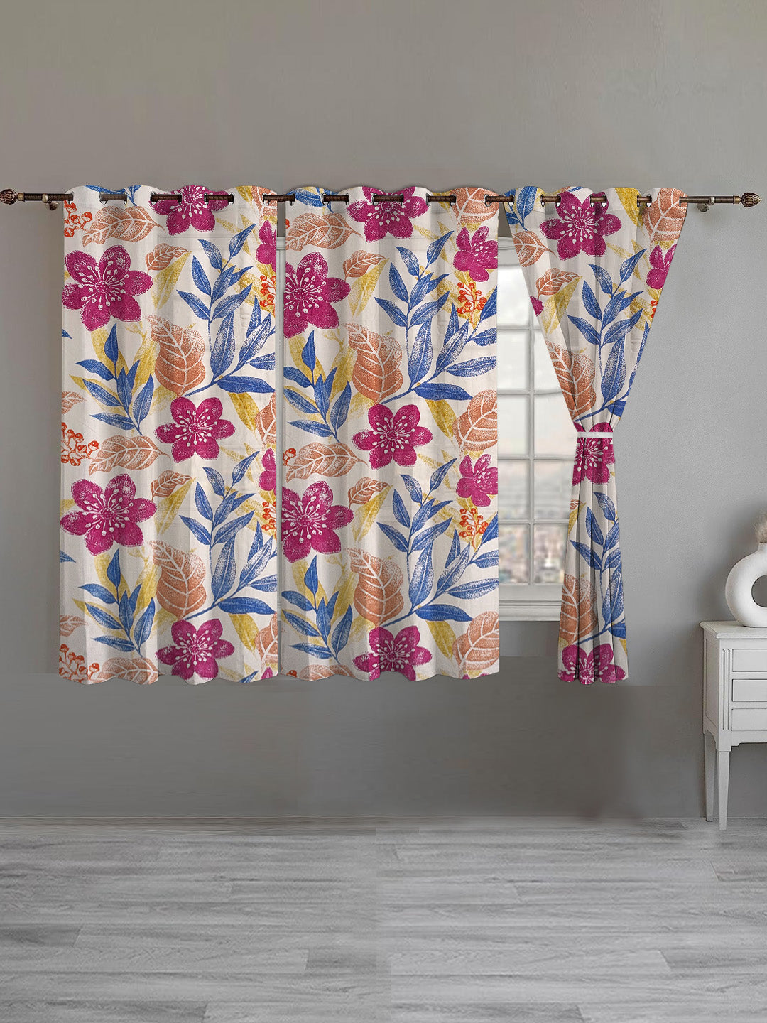 ana Big Flower Cotton Eyelet Curtains for Window & Door – 5ft, 7ft, 9ft Long Door Curtain for Living Room Bedroom Home Set of 3 Multi Purple