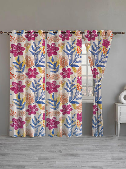 ana Big Flower Cotton Eyelet Curtains for Window & Door – 5ft, 7ft, 9ft Long Door Curtain for Living Room Bedroom Home Set of 3 Multi Purple