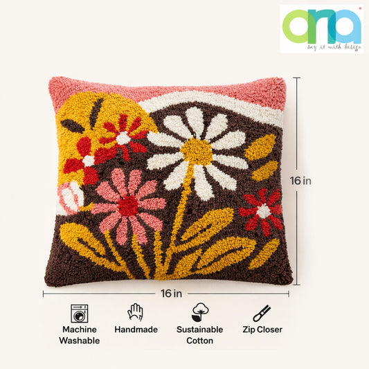 Ana Premium Cotton Sunset Mountain Cushion Cover Set of 2s with Elegant Hand Tuffted for Home DŽcor | 16 x 16 Inch| Brown Cushion Cover Set of 2