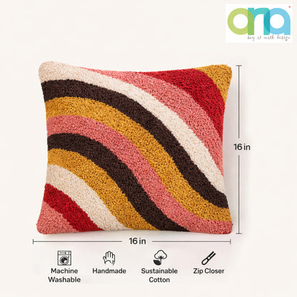 Ana Premium Cotton Multicolor Wave Cushion Covers Hand Tuffted | 16 x 16 Inch | Red | Multicolor Wave Cushion Cover