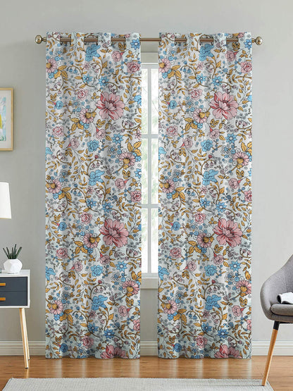 ana Lily Floral Cotton Eyelet Curtains for Window & Door – 5ft, 7ft, 9ft Long Door Curtain for Living Room Bedroom Home Set of 2 Blue