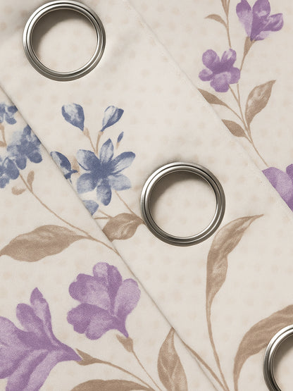 ana Botenical Print Cotton Eyelet Curtains for Window & Door – 5ft, 7ft, 9ft Long Door Curtain for Living Room Bedroom Home Set of 2 Purple