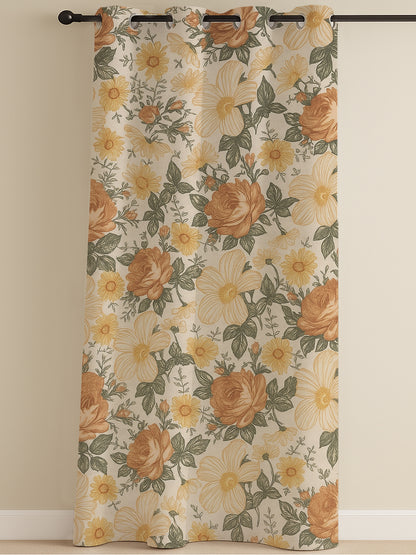 ana Orange Rose Print Cotton Eyelet Curtains for Window & Door – 5ft, 7ft, 9ft Long Door Curtain for Living Room Bedroom Home Set of 1