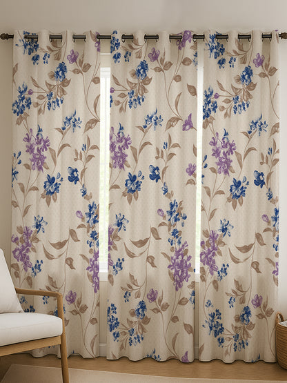 ana Botenical Print Cotton Eyelet Curtains for Window & Door – 5ft, 7ft, 9ft Long Door Curtain for Living Room Bedroom Home Set of 3 Purple