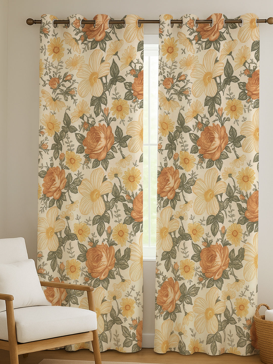 ana Orange Rose Print Cotton Eyelet Curtains for Window & Door – 5ft, 7ft, 9ft Long Door Curtain for Living Room Bedroom Home Set of 2