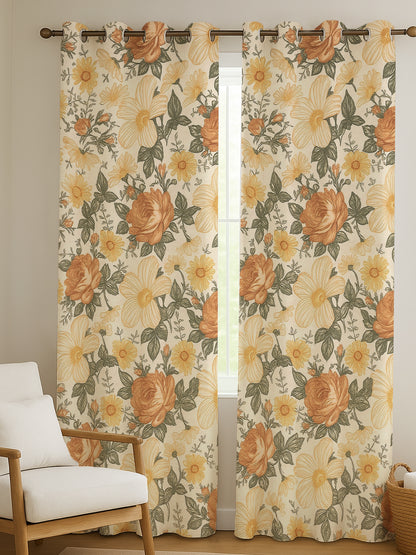 ana Orange Rose Print Cotton Eyelet Curtains for Window & Door – 5ft, 7ft, 9ft Long Door Curtain for Living Room Bedroom Home Set of 2