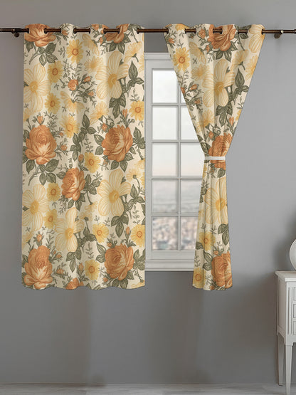 ana Orange Rose Print Cotton Eyelet Curtains for Window & Door – 5ft, 7ft, 9ft Long Door Curtain for Living Room Bedroom Home Set of 2