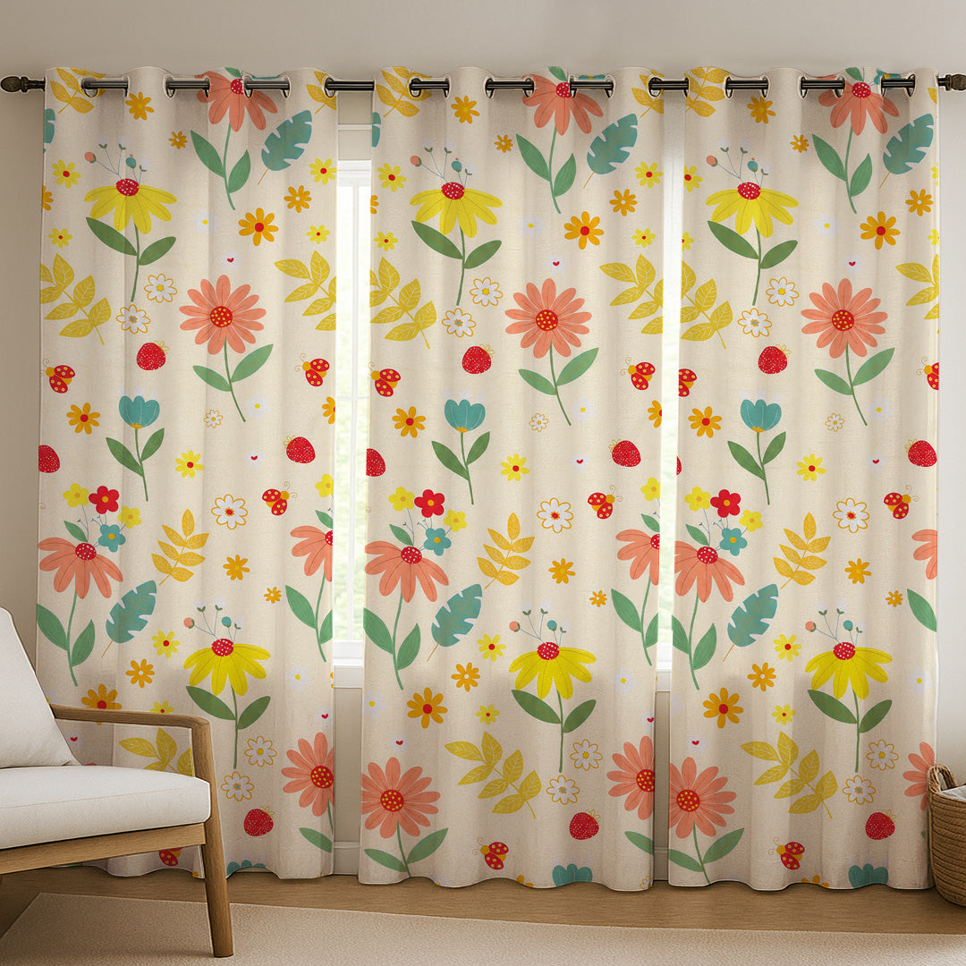 ANA Mustard Floral Printed Cotton Eyelet Curtain for Door 7  Feet | Soft Printed Curtain for Room DŽcor Set of 1