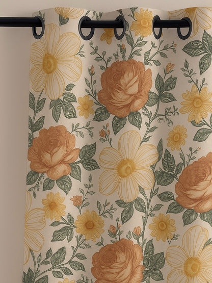 ana Orange Rose Print Cotton Eyelet Curtains for Window & Door – 5ft, 7ft, 9ft Long Door Curtain for Living Room Bedroom Home Set of 1