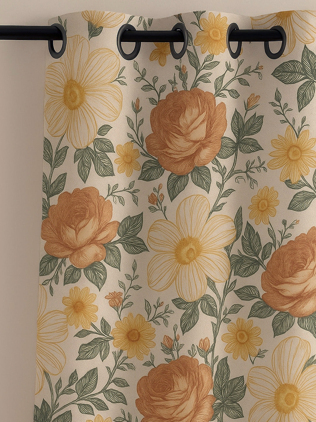 ana Orange Rose Print Cotton Eyelet Curtains for Window & Door – 5ft, 7ft, 9ft Long Door Curtain for Living Room Bedroom Home Set of 2