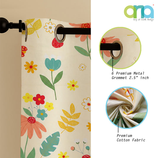 ANA Mustard Floral Printed Cotton Eyelet Curtain for Door 7  Feet | Soft Printed Curtain for Room DŽcor Set of 1