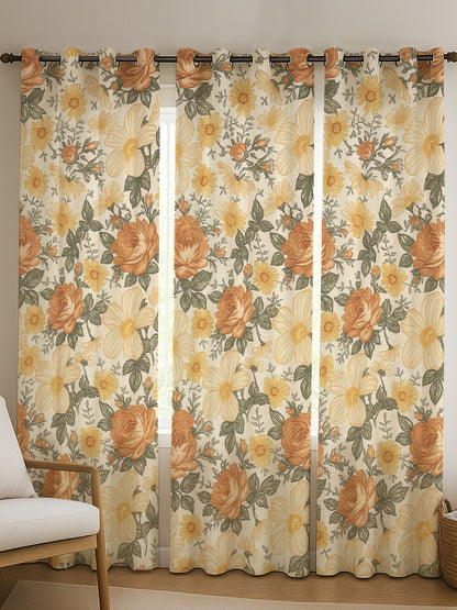 ana Orange Rose Print Cotton Eyelet Curtains for Window & Door – 5ft, 7ft, 9ft Long Door Curtain for Living Room Bedroom Home Set of 3