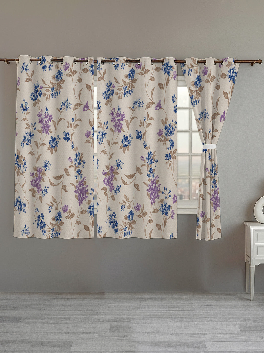 ana Botenical Print Cotton Eyelet Curtains for Window & Door – 5ft, 7ft, 9ft Long Door Curtain for Living Room Bedroom Home Set of 3 Purple