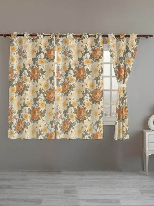 ana Orange Rose Print Cotton Eyelet Curtains for Window & Door – 5ft, 7ft, 9ft Long Door Curtain for Living Room Bedroom Home Set of 3