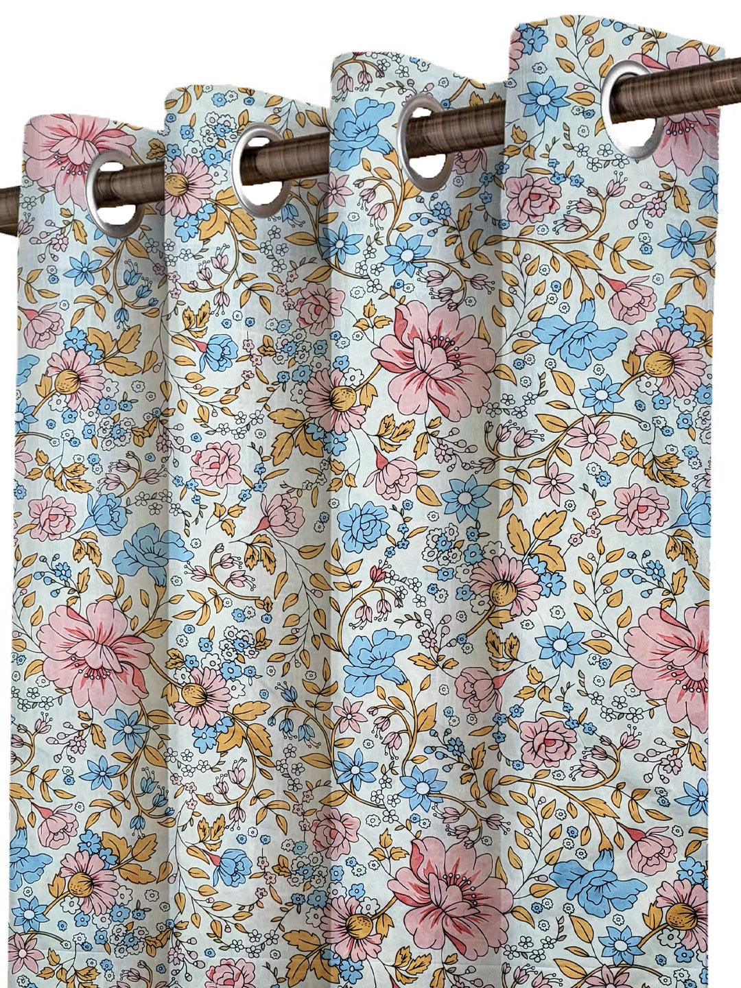 ana Lily Floral Cotton Eyelet Curtains for Window & Door – 5ft, 7ft, 9ft Long Door Curtain for Living Room Bedroom Home Set of 3 Blue