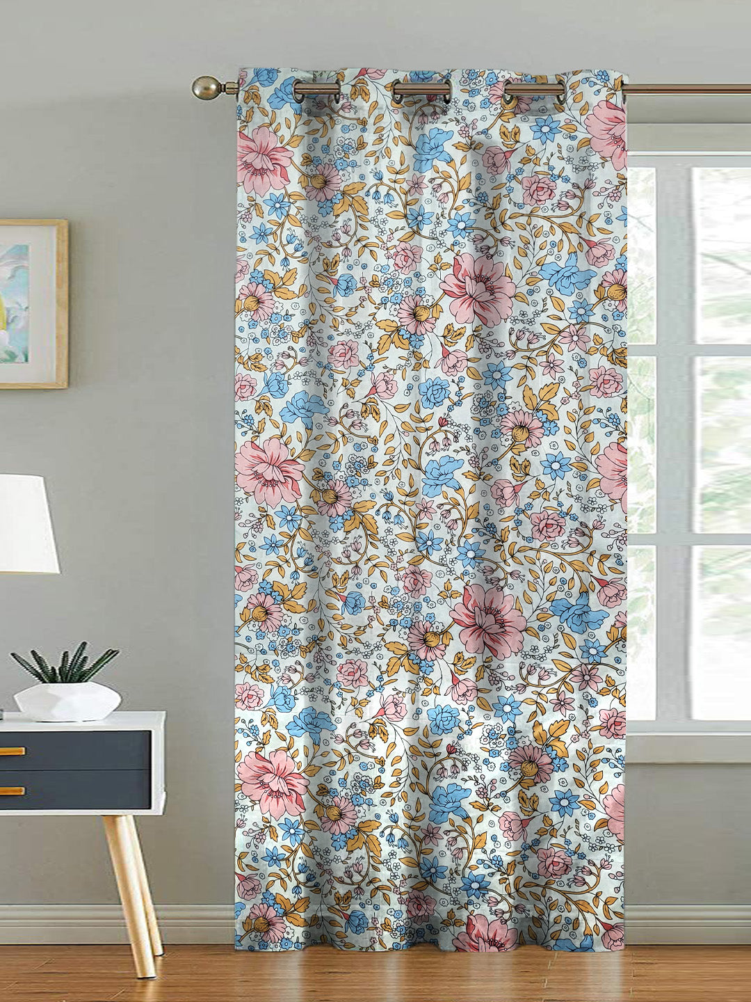 ana Lily Floral Cotton Eyelet Curtains for Window & Door – 5ft, 7ft, 9ft Long Door Curtain for Living Room Bedroom Home Set of 1 Blue