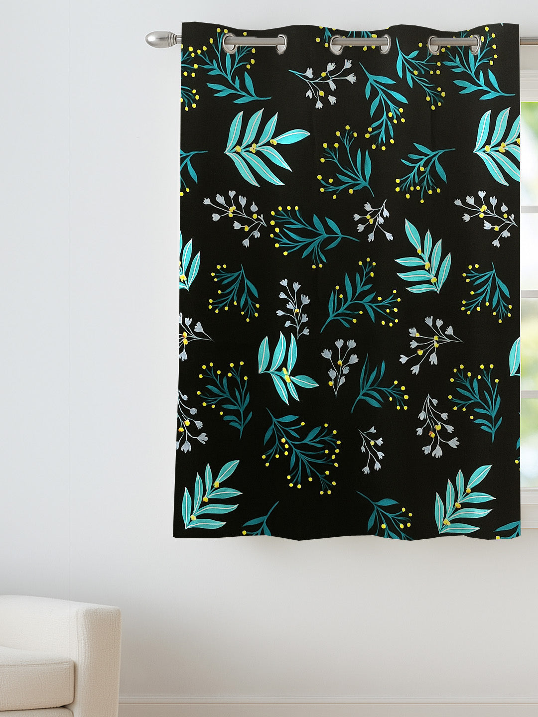 ana Botenical Leaf Print Cotton Eyelet Curtains for Window & Door – 5ft, 7ft, 9ft Long Door Curtain for Living Room Bedroom Home Set of 1 Black
