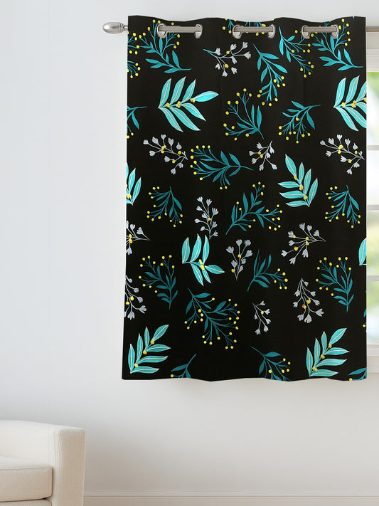 ana Botenical Leaf Print Cotton Eyelet Curtains for Window & Door – 5ft, 7ft, 9ft Long Door Curtain for Living Room Bedroom Home Set of 1 Black