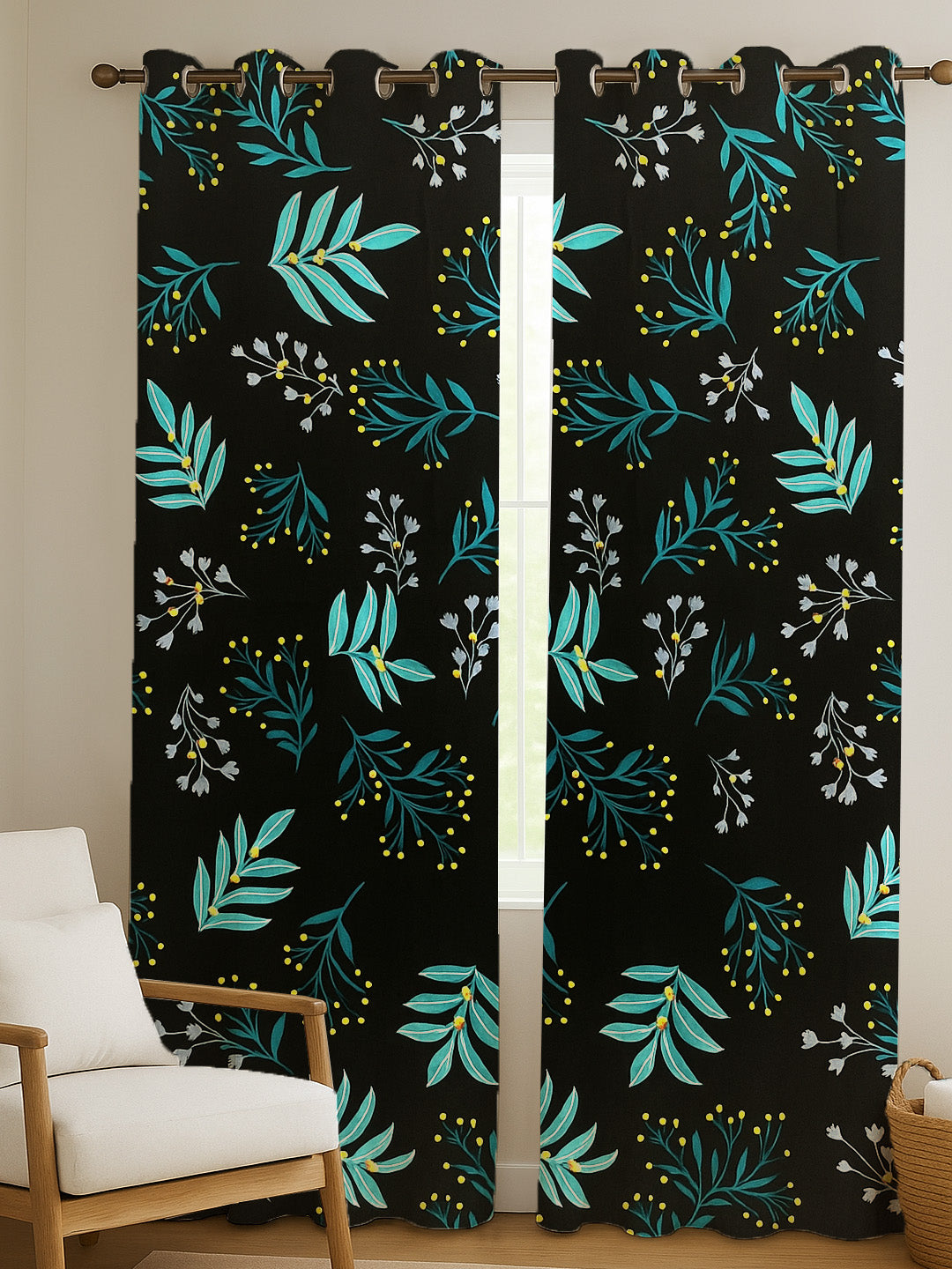 ana Botenical Leaf Print Cotton Eyelet Curtains for Window & Door – 5ft, 7ft, 9ft Long Door Curtain for Living Room Bedroom Home Set of 2 Black