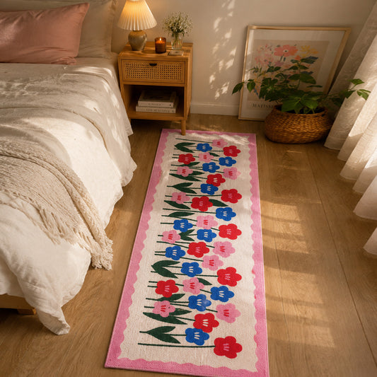 ANA Bedside Floor Runner Floral Woven Carpet Printed for Home/Kitchen/Kitchen/Living Area/Office Entrance. (Cotton, 2 x 5 Feet) Set of 1 pcs Baby Pink