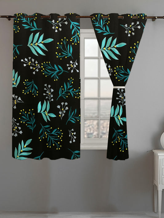 ana Botenical Leaf Print Cotton Eyelet Curtains for Window & Door – 5ft, 7ft, 9ft Long Door Curtain for Living Room Bedroom Home Set of 2 Black