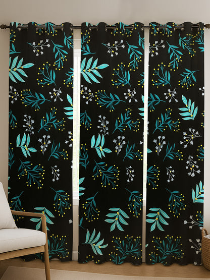 ana Botenical Leaf Print Cotton Eyelet Curtains for Window & Door – 5ft, 7ft, 9ft Long Door Curtain for Living Room Bedroom Home Set of 3 Black