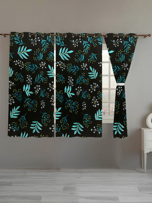 ana Botenical Leaf Print Cotton Eyelet Curtains for Window & Door – 5ft, 7ft, 9ft Long Door Curtain for Living Room Bedroom Home Set of 3 Black