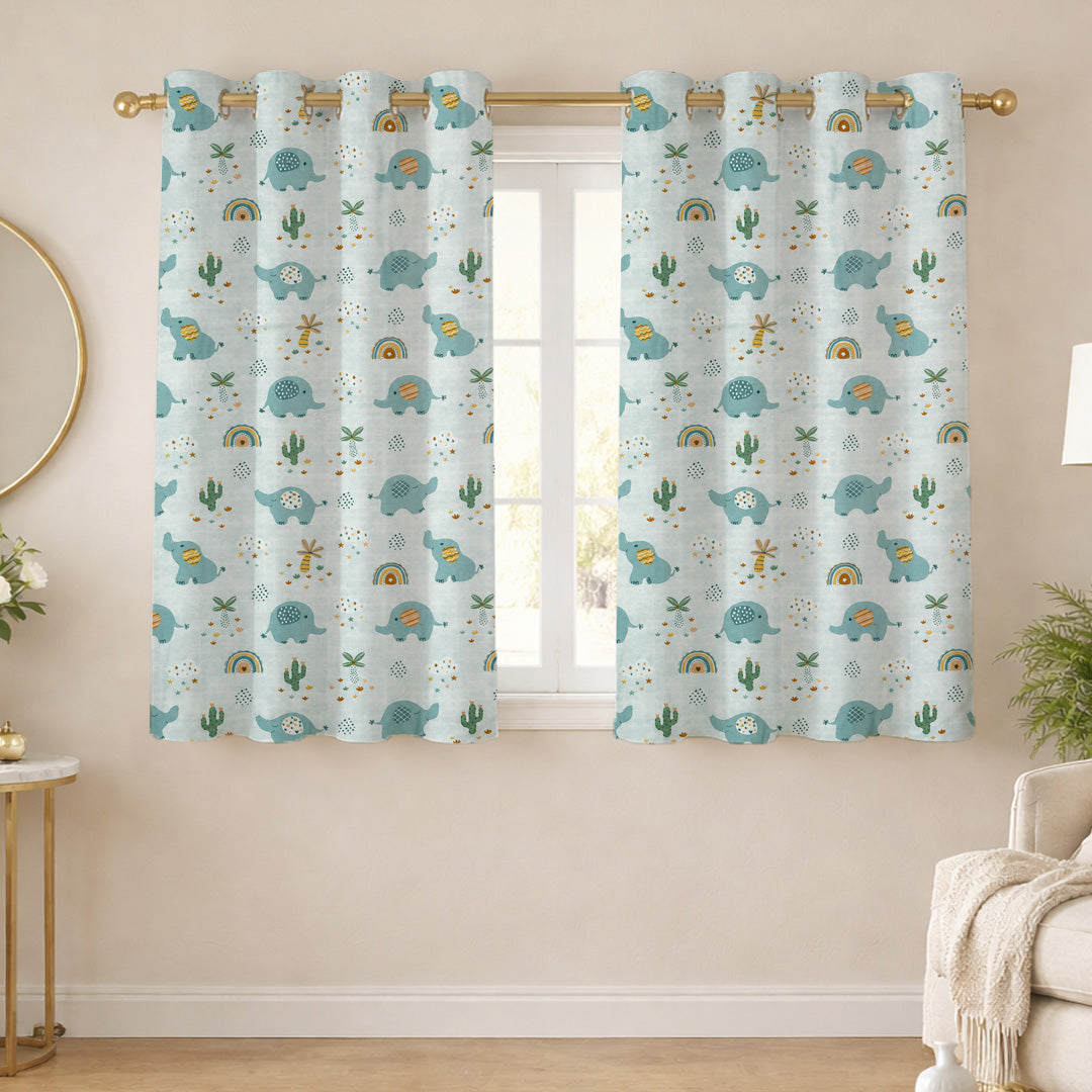 ANA Elephant Hathi Printed Kids Cotton Eyelet Curtain for Window 5 Feet | Soft Printed Curtain for Kids Room DŽcor Set of 1